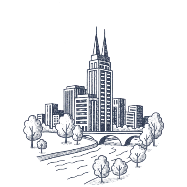 A skyline with a two-spired tower by the river, for Nashville