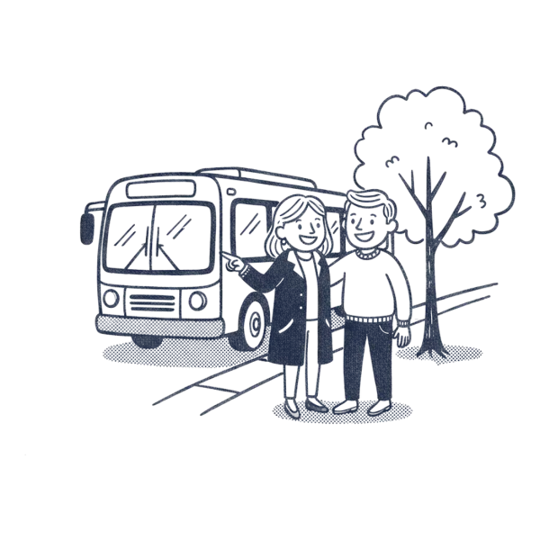 A woman and her adult son at a bus stop as the bus pulls in