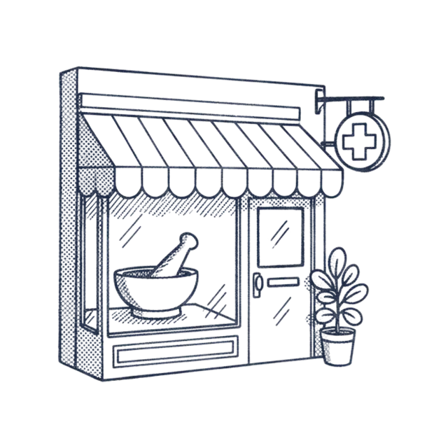 A corner pharmacy with a striped awning and a mortar and pestle in the window
