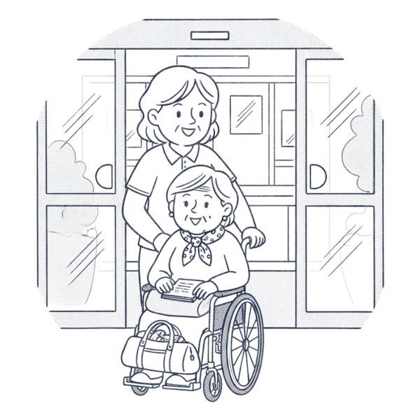 A caregiver wheeling an older woman out of a hospital entrance
