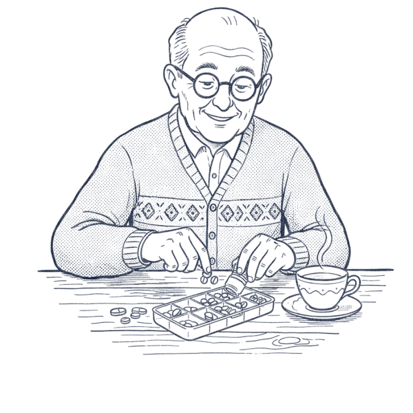 An older man sorting his week of pills at the kitchen table