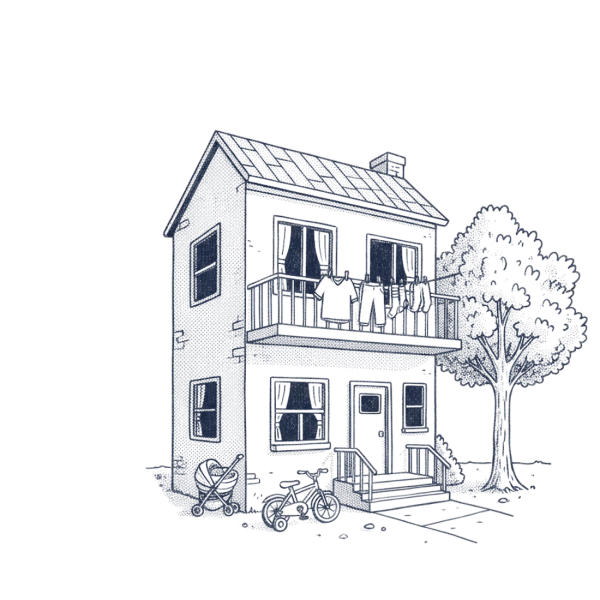 A small apartment building with a stroller and a child’s bike by the steps
