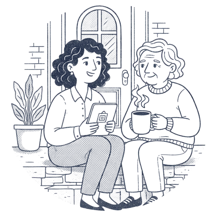A Care Coordinator chatting with an older neighbor on a front stoop