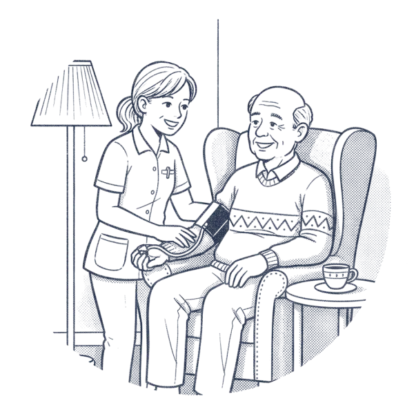 A nurse checking an older man’s blood pressure in his living room