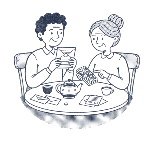 An older couple going through their mail and pill organizer together