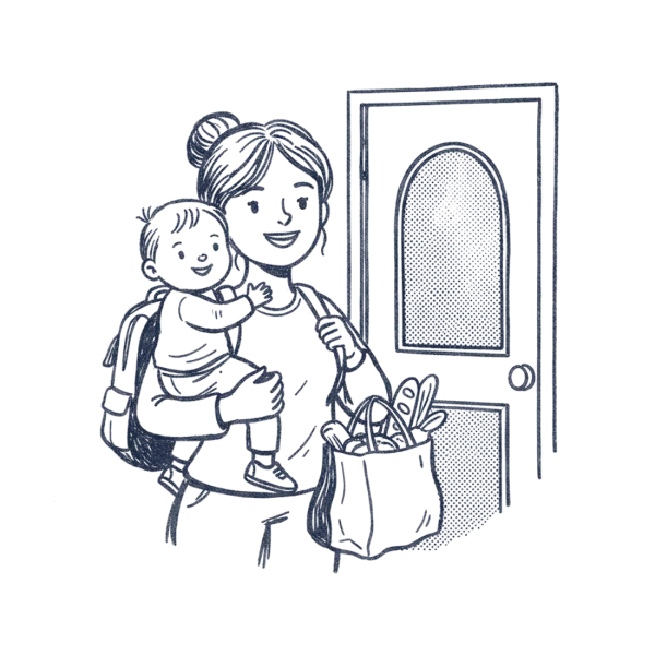 A mother arriving home with her toddler and the groceries